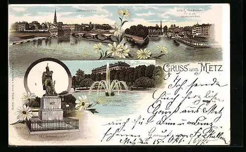 Lithographie Metz, Städtische Triebwerke an der Georgenbrücke, Justizpalast