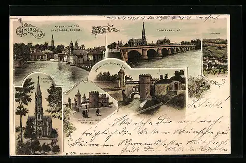 Lithographie Metz, Todtenbrücke, Garnison-Kirche, Das Deutsche Thor