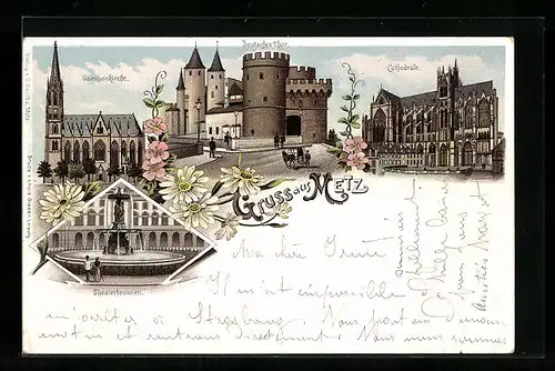 Lithographie Metz, Deutsches Tor, Kathedrale, Theaterbrunnen, Garnisonkirche