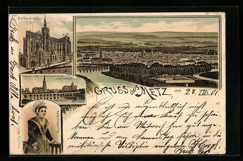 Lithographie Metz, Cathedrale, Todtenbrücke mit Garnisonkirche