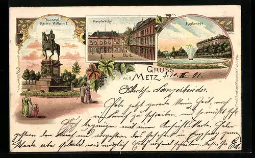 Lithographie Metz, Hauptwache, Denkmal Kaiser Wilhelm I.