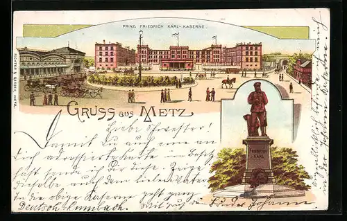 Lithographie Metz, Prinz Friedrich Karl-Kaserne, Denkmal für Friedrich Karl