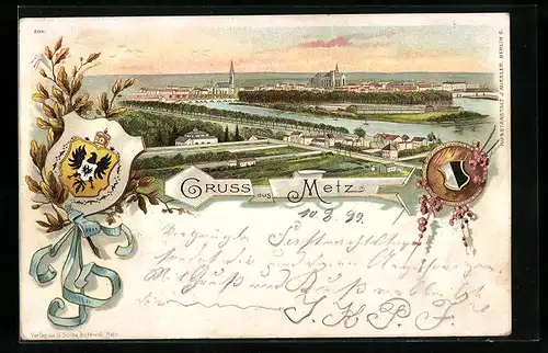 Lithographie Metz, Ortsansicht aus der Vogelschau, Wappen