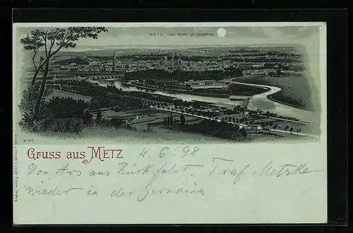 Mondschein-Lithographie Metz, Stadt vom Fort St. Quentin gesehen