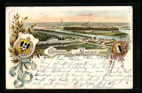 Lithographie Metz, Panoramablick auf die Stadt, Wappen