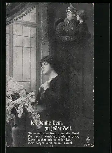 Foto-AK PFB Nr. 3834 /6: Frau am Fenster, Umarmt Soldat in Gedanken, Ich denke Dein, zu jeder Zeit