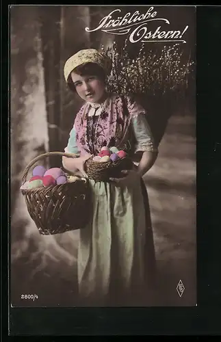Foto-AK PFB Nr. 2800 /4: Junge Frau mit Körben mit bunten Eiern, Fröhliche Ostern