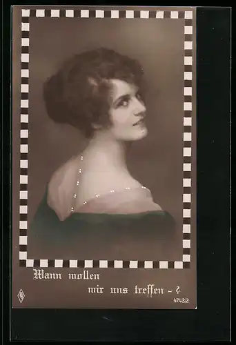 Foto-AK PFB Nr. 4732 /2: Dame mit charmantem Lächeln über die Schulter, Wann wollen wir uns treffen?