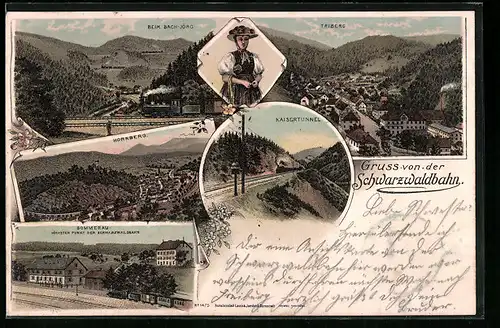 Lithographie Sommerau, Bahnhof, Kaisertunnel, Hornberg