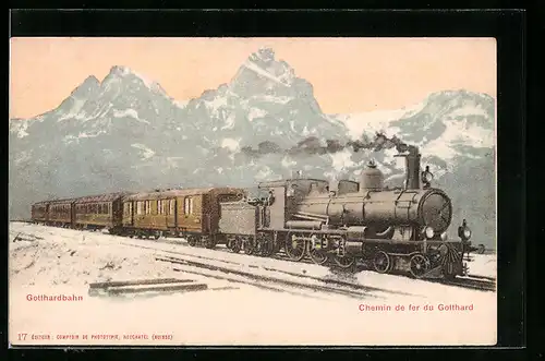 Künstler-AK Gotthardbahn, Chemin de fer du Gotthard, schweizer Eisenbahn