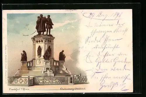 Lithographie Frankfurt a. Main, Gutenberg-Denkmal