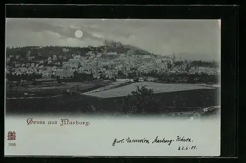 Mondschein-AK Marburg, Ortsansicht mit Schloss