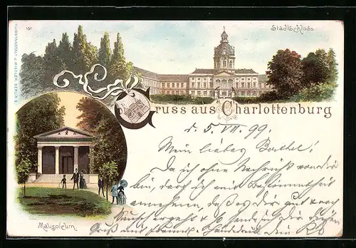 Lithographie Berlin-Charlottenburg, Mausoleum, Stadtschloss