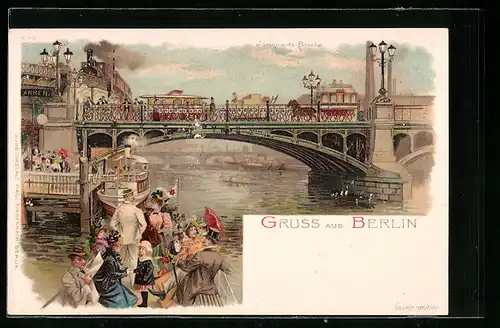 Lithographie Berlin, Jannowitz-Brücke mit Booten auf dem Fluss