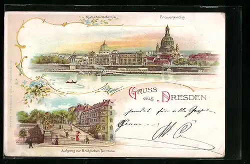 Lithographie Dresden, Panorama mit Frauenkirche, Aufgang zur Brühlschen Terrasse
