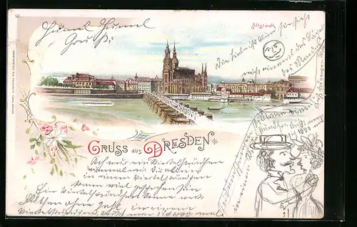 Lithographie Dresden, Panorama der Altstadt mit Brücke