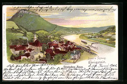 Lithographie Königstein, Stadt und Festung aus der Vogelschau