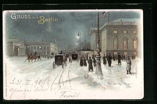 Lithographie Berlin, Strassenpartie vor der Königlichen Oper im Winter