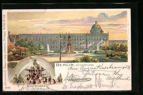 Lithographie Berlin, Altes Schloss, Begas Brunnen
