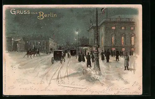 Lithographie Berlin, Strassenpartie an der Königlichen Oper im Winter