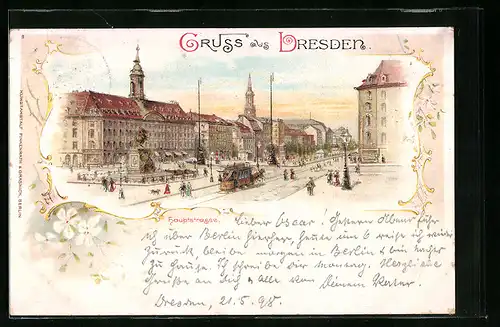 Lithographie Dresden, Haupstrasse mit Denkmal und Strassenbahn