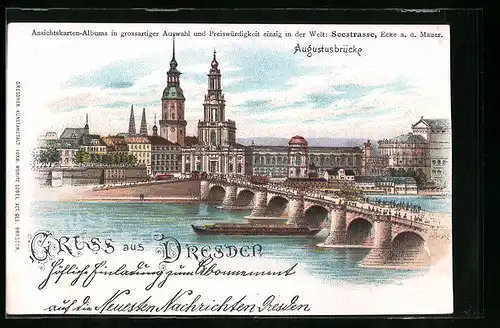 Lithographie Dresden, Augustusbrücke mit Boot