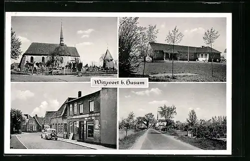AK Witzwort b. Husum, Kirche, Strassenpartie mit einem Auto