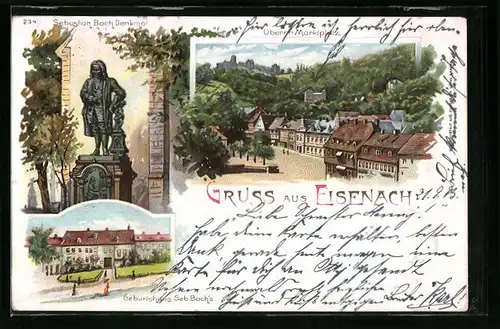 Lithographie Eisenach, Sebastian Bach Denkmal und Geburtshaus, Oberer Marktplatz
