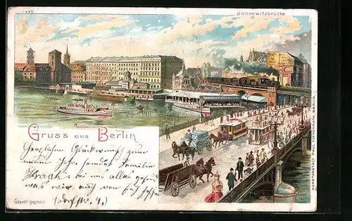 Lithographie Berlin, Jannowitzbrücke mit Dampfschiffen