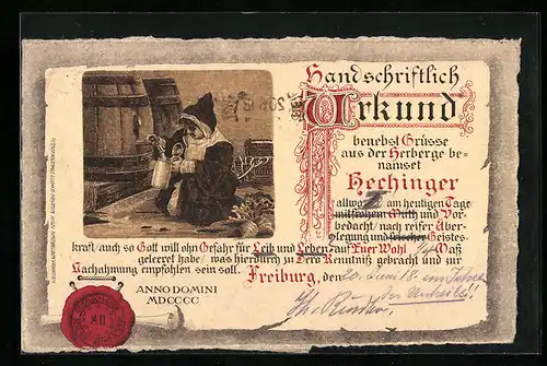 AK Freiburg, Urkunde Gasthaus Hechinger, Münchner Kindl
