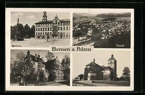 AK Bensen a. Polzen, Ortsansicht, Sparkasse, Schloss und Kirche