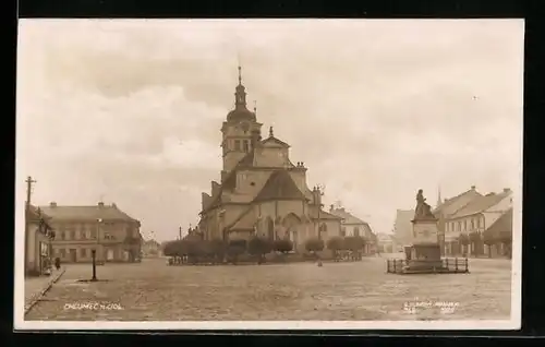 AK Chlumec n. Cidl., Marktplatz mit Denkmal und Kirche