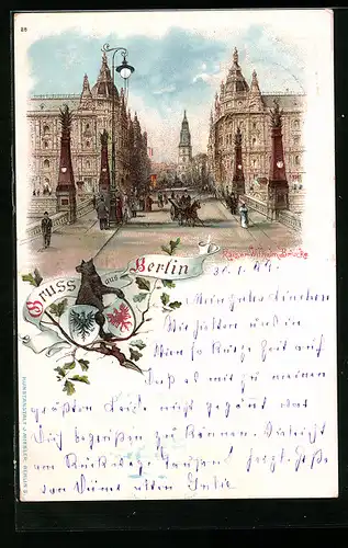 Lithographie Berlin, Kaiser-Wilhelm-Brücke und Kaiser-Wilhelm-Strasse