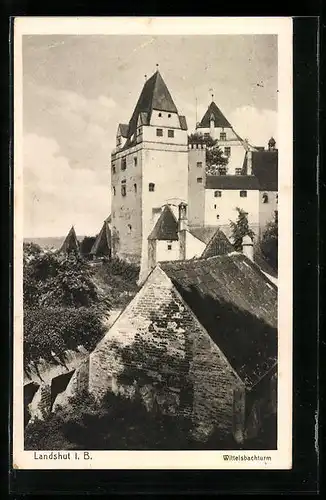 AK Landshut i. B., Wittelsbachturm aus der Vogelschau