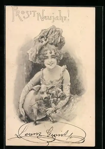 AK Junge Dame mit Glücksschwein, Neujahrsgruss