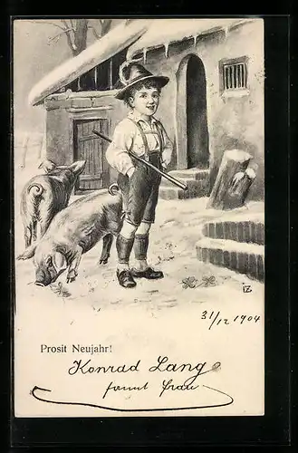 AK Bub in Lederhosen und zwei Schweine, Neujahrsgruss