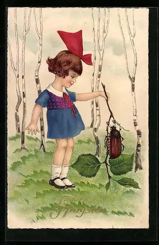AK Kleines Mädchen mit grossem Maikäfer in einem Birkenhain, Pfingstgruss