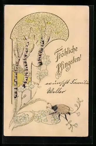 Präge-Lithographie Birken, Blumen und Maikäfer, Pfingstgruss