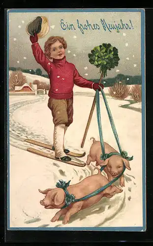 Präge-AK Knabe auf Skiern lässt sich von Schweinen ziehen, Neujahrsgruss