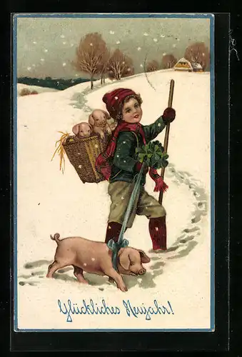 Präge-AK Knabe mit Schwein und Ferkelkorb, Neujahrsgruss