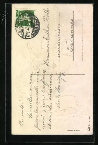 Präge-AK Knabe mit Schwein und Ferkelkorb, Neujahrsgruss