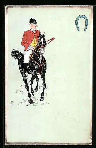 AK Reiter mit Kappe auf schwarzem Hengst, Hufeisen
