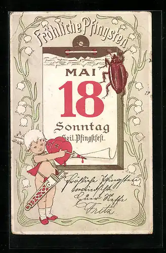 Lithographie Amor, Kalenderblatt und Maikäfer, Pfingstgruss