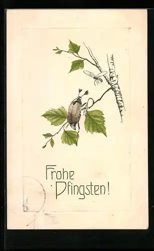 Präge-AK Maikäfer und Libelle an einer Birke, Pfingstgruss