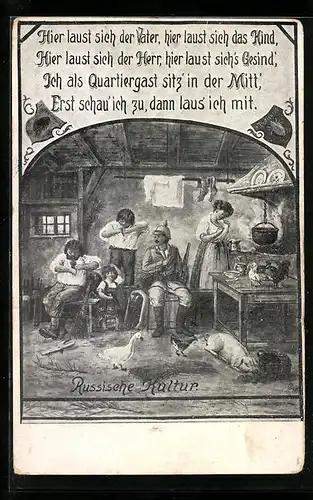 AK Soldat als Quartiergast in russischer Familie mit Läusen