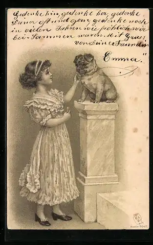 Präge-Lithographie Mädchen im Rüschenkleid streichelt einen Hund