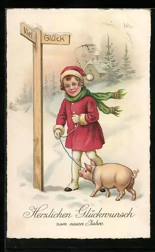 AK Mädchen im Schnee mit Schwein an der Leine, Neujahrsgruss