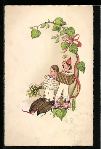 AK Zwei kleine Musikanten geben Maikäfern ein Ständchen, Pfingstgruss