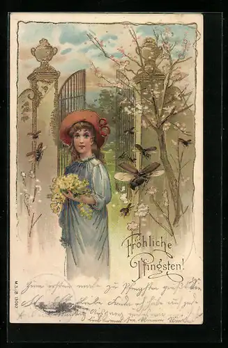 Lithographie Mädchen und fliegende Maikäfer vor einem Parktor, Pfingstgruss