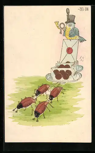 Präge-Lithographie Maikäfer ziehen ein Arrangement mit Brief und Postillon-Vogel